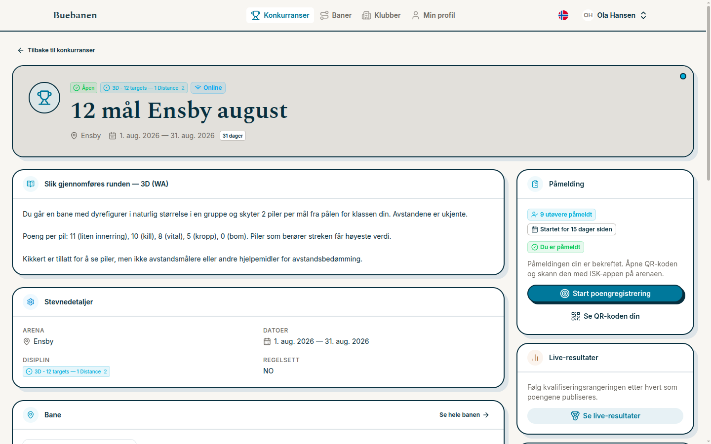 A competition page with round rules, registration status and live results