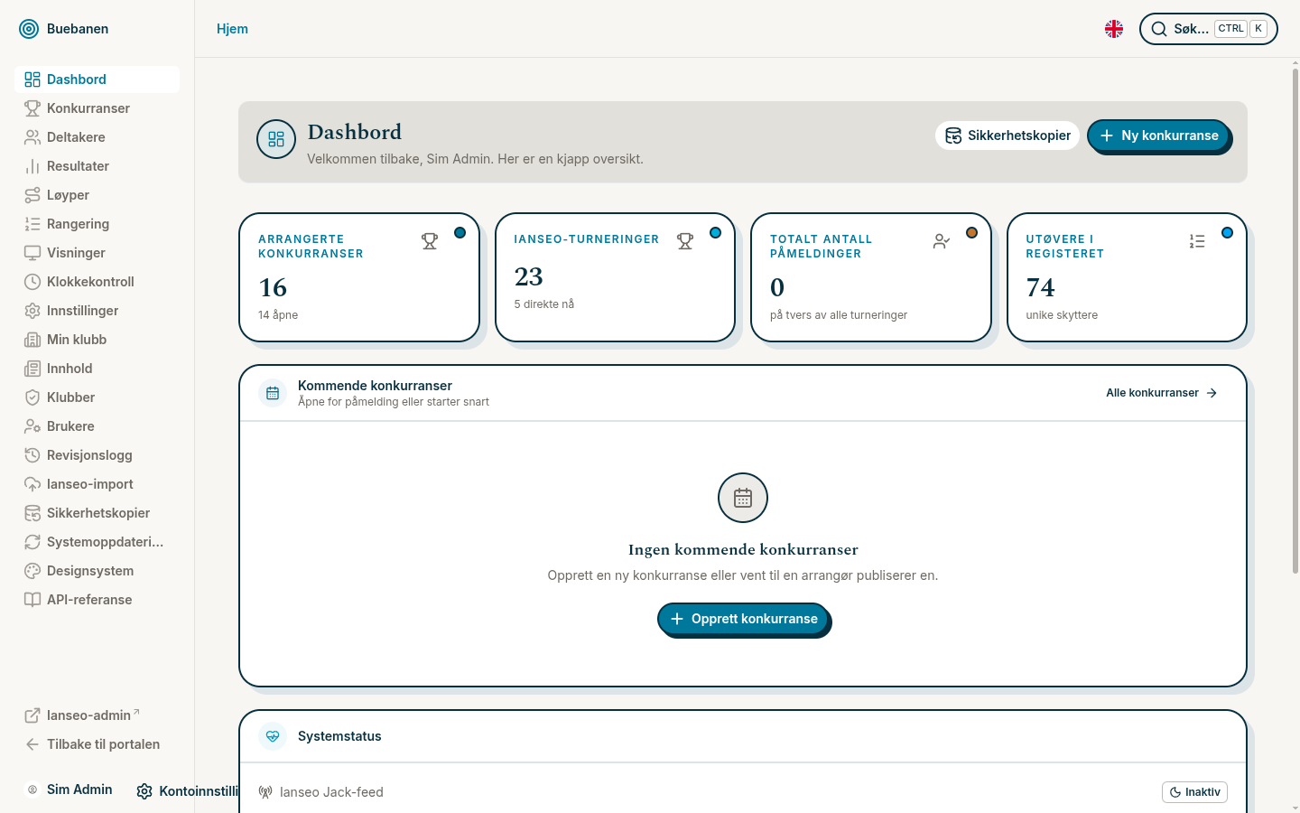 The organizer dashboard with key numbers and the full management menu
