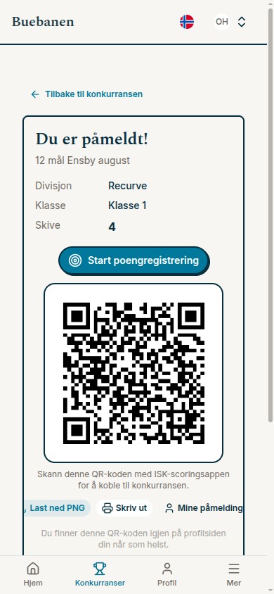 Registration confirmation with division, class, target and ISK QR code