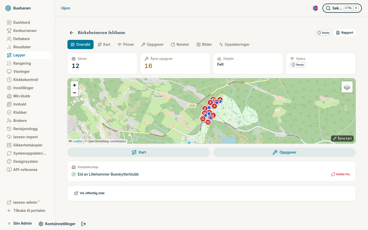 The course planner with twelve targets pinned on the map